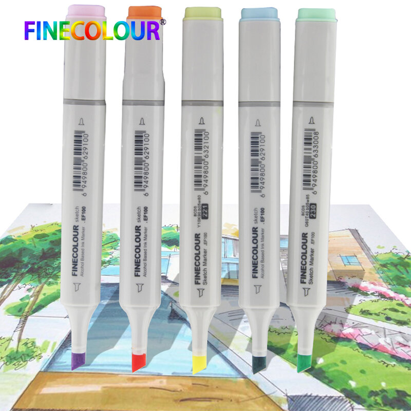 Finecolour ef100 conjunto de 5 peças de marcador manga, esboço colorido, arquitetura à base de álcool, caneta marcadora para desenho