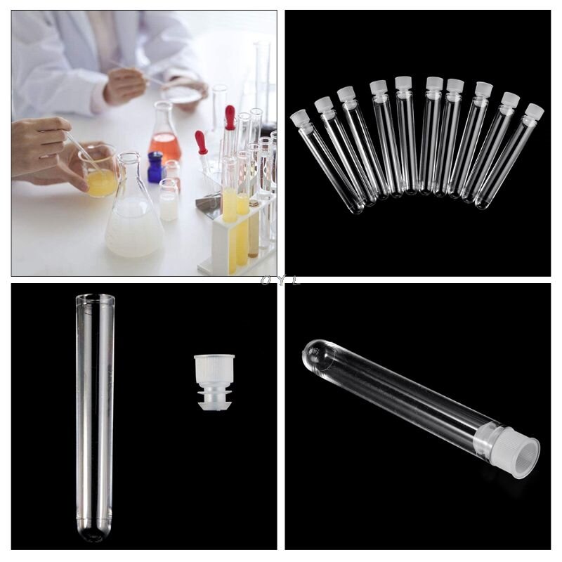 10Pcs Plastic Test Tube With Cap 12x75mm U-shaped Bottom Long Transparent Test Tube Lab Supplies