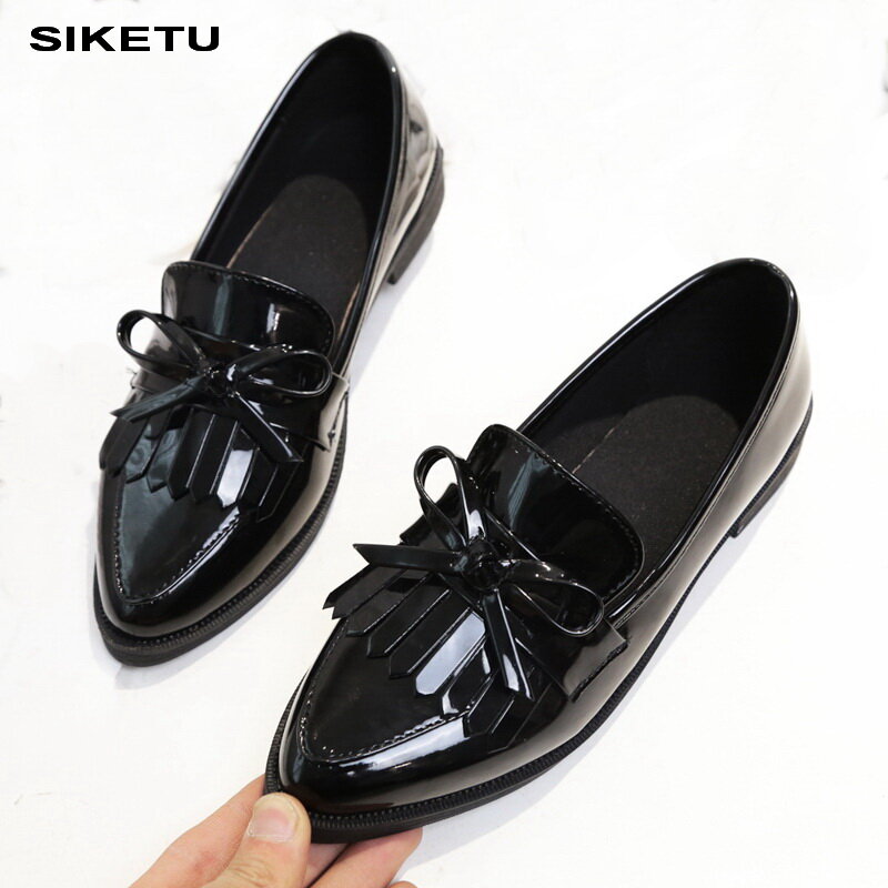 Zapatos de marca mujer Casual borla lazo punta puntiaguda negro Oxford zapatos para mujer planos cómodos deslizamiento en zapatos de mujer gratis regalo