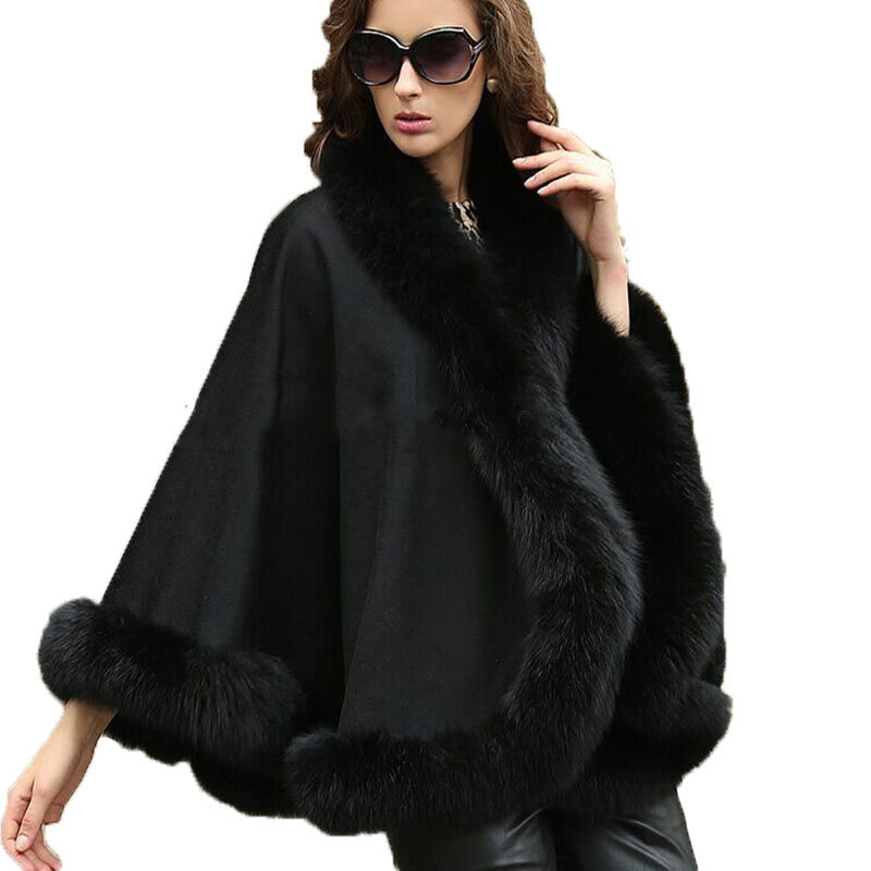 Chal de Cachemira auténtica para mujer, abrigo de piel de zorro, Poncho cálido de invierno, color negro