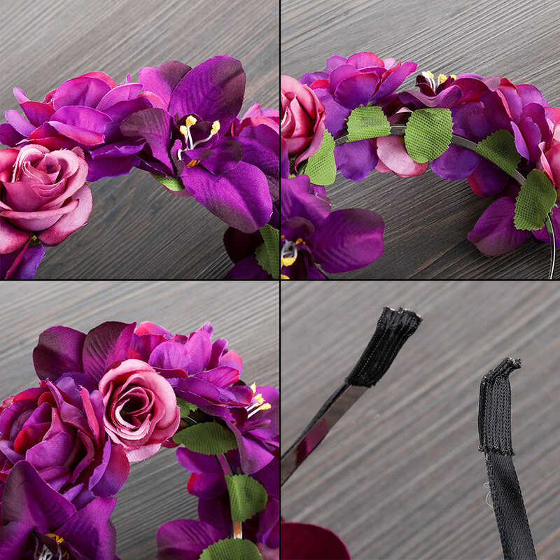 Molans Pengantin Pernikahan Hiasan Kepala Simulasi Ikat Kepala Headband Mahkota Bunga Mawar Ungu Motif Bunga Crown Wreath Chapeau Aksesoris