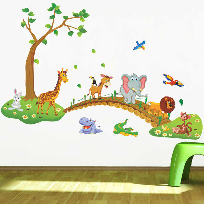3D Cartoon Jungle Wild Dier Boom Brug Leeuw Giraffe Olifant Vogels Bloemen Muurstickers Voor Kinderkamer Woonkamer Thuis decor