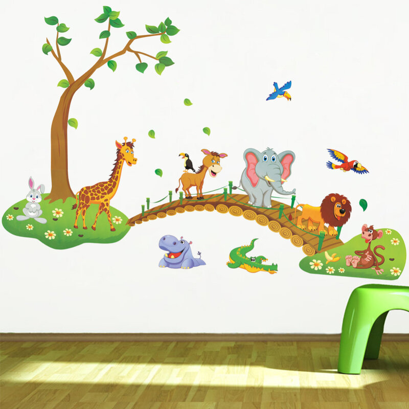 3D Bande Dessinée Jungle sauvage animal arbre pont lion Girafe éléphant oiseaux fleurs stickers muraux pour enfants chambre salon maison décor