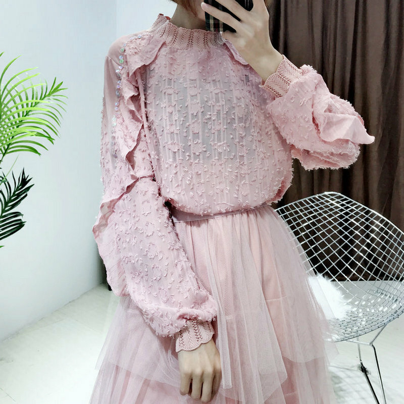 Women Spring Summer Long Sleeve Sequined Basic Ruffles Shirt Elegant Chiffon Lace Tulle Pullover Mesh Gauze Voile Blouse Tops