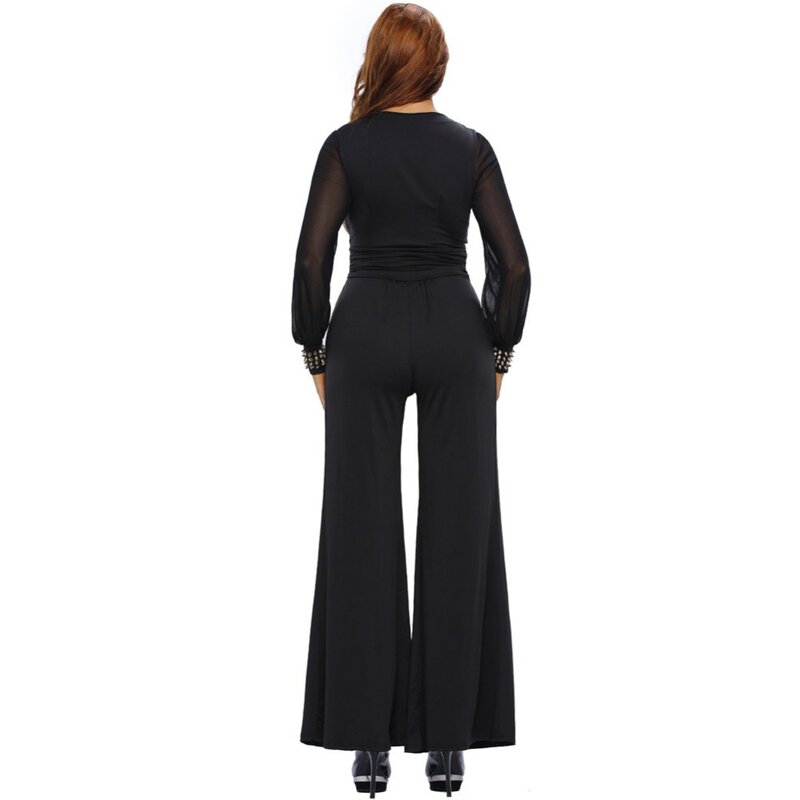 Combinaison en mousseline de soie pour femmes, col en v, taille slim, ample, manches, rivets, pantalon noir