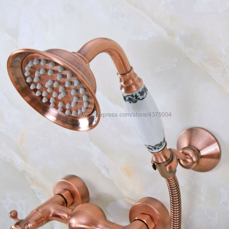 Wall Mounted Antique Red Copper Bathroom Faucet Bath Tub Mixer Tap With Hand Shower Head Shower Faucet Sets Nna296