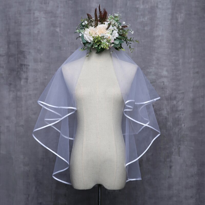 Vestido de novia de dos capas para mujer, velo de tul con borde de cinta, accesorios de novia