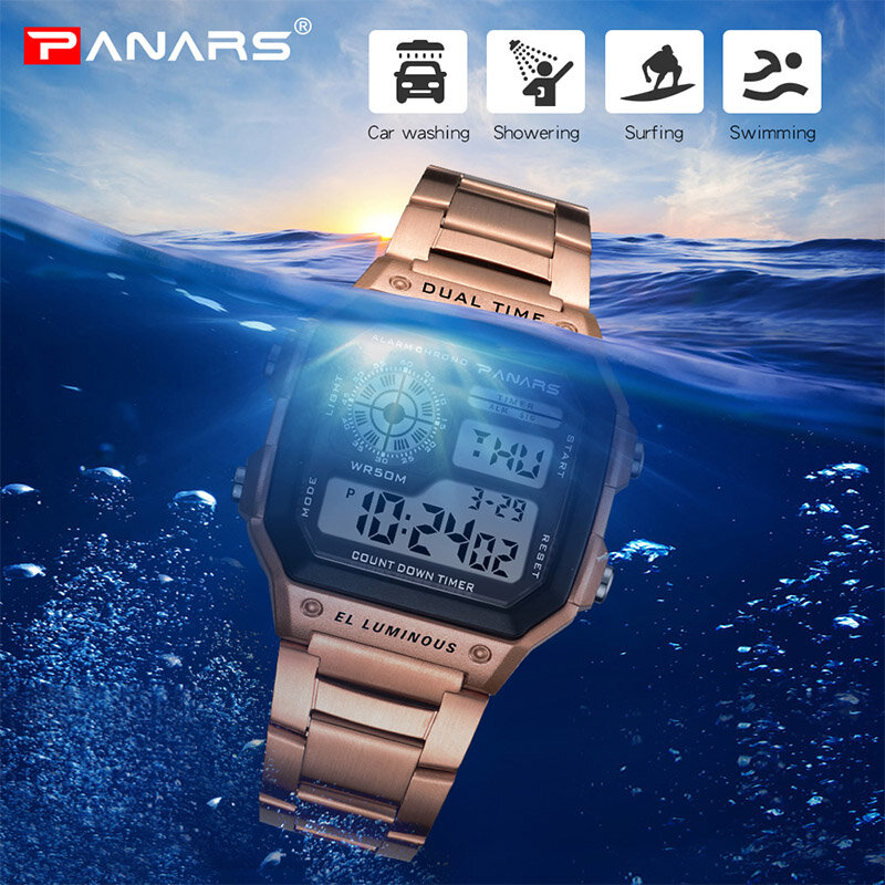 PANARS-relojes de negocios para hombre, reloj de pulsera Digital de acero inoxidable, resistente al agua, Masculino