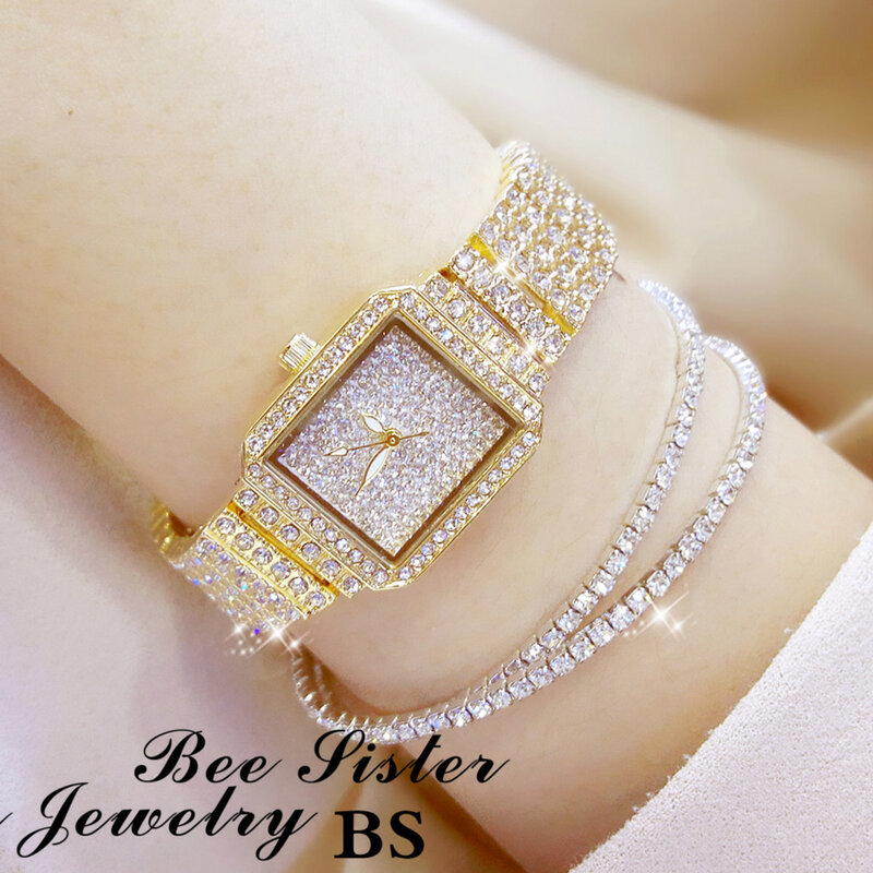 Reloj de cristal para mujer, relojes de diamantes de imitación, reloj de pulsera de acero inoxidable, 2019