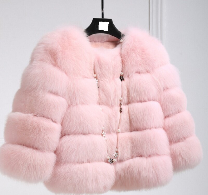 Плотные теплые женские пальто из искусственного лисьего меха, новая мода 2018, зимние элегантные приталенные короткие S,M,L,XL,2XL,3XL,4XL, красный, фиолетовый, черный, синий, розовый, белый