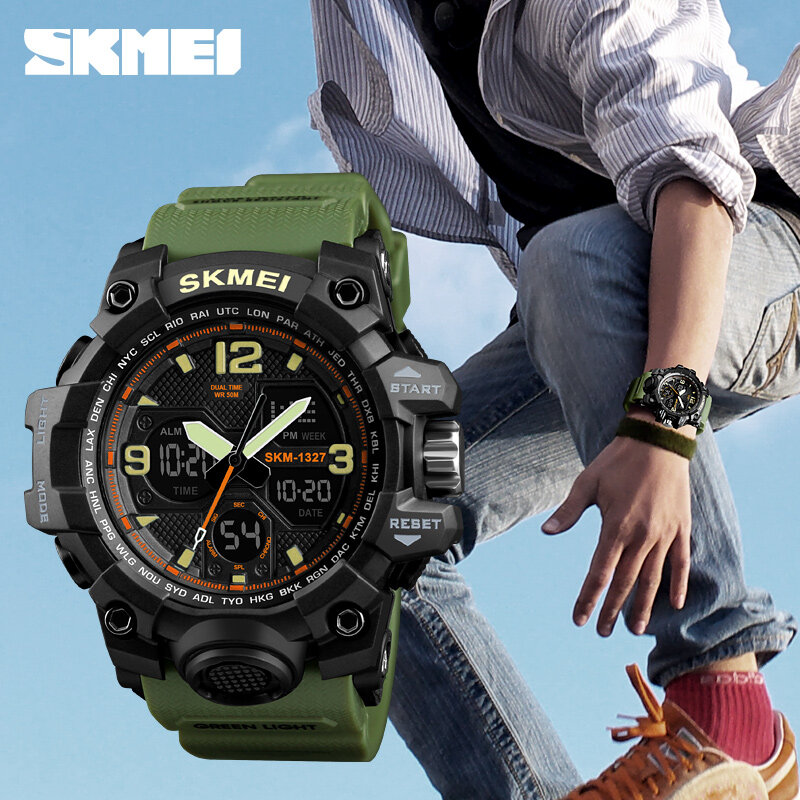 กีฬาผู้ชายนาฬิกาแบรนด์ SKMEI Double อิเล็กทรอนิกส์นาฬิกาควอตซ์กันน้ำขนาดนาฬิกาข้อมือทหารนาฬิกาผ...