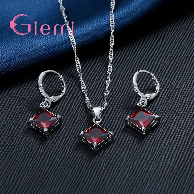 New Style 925 Sterling Silver Crystal Jewelry Sets Square CZ Cubic Zircon Hoop Earrings Necklace for Women Party Jewelry
