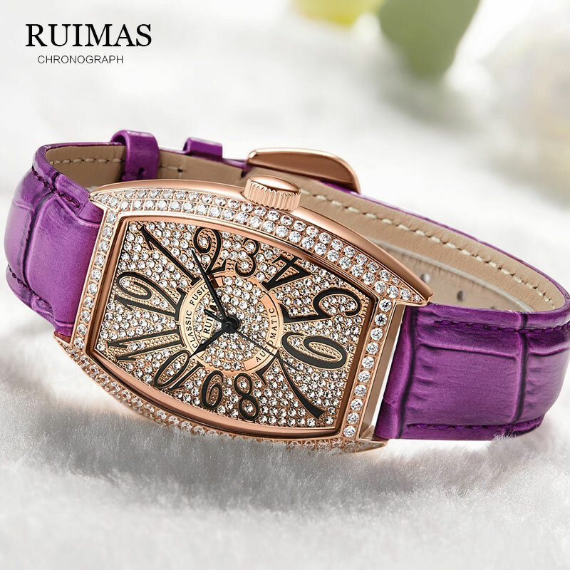 Top Brand Luxe Vrouwen Horloges Automatische Mechanische Dameshorloge Tonneau Lederen Band Casual Dress Horloge RL6757L-Purple