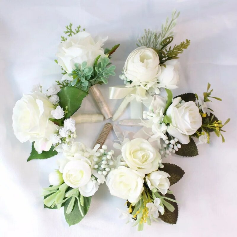 Dekorasi Pernikahan Babysbreath Putih Pergelangan Tangan Bunga dan Korsase Pengantin Pria Boutonnieres Pengantin Pergelangan Tangan Korsase Pernikahan Mawar Putih Peony Bouquet