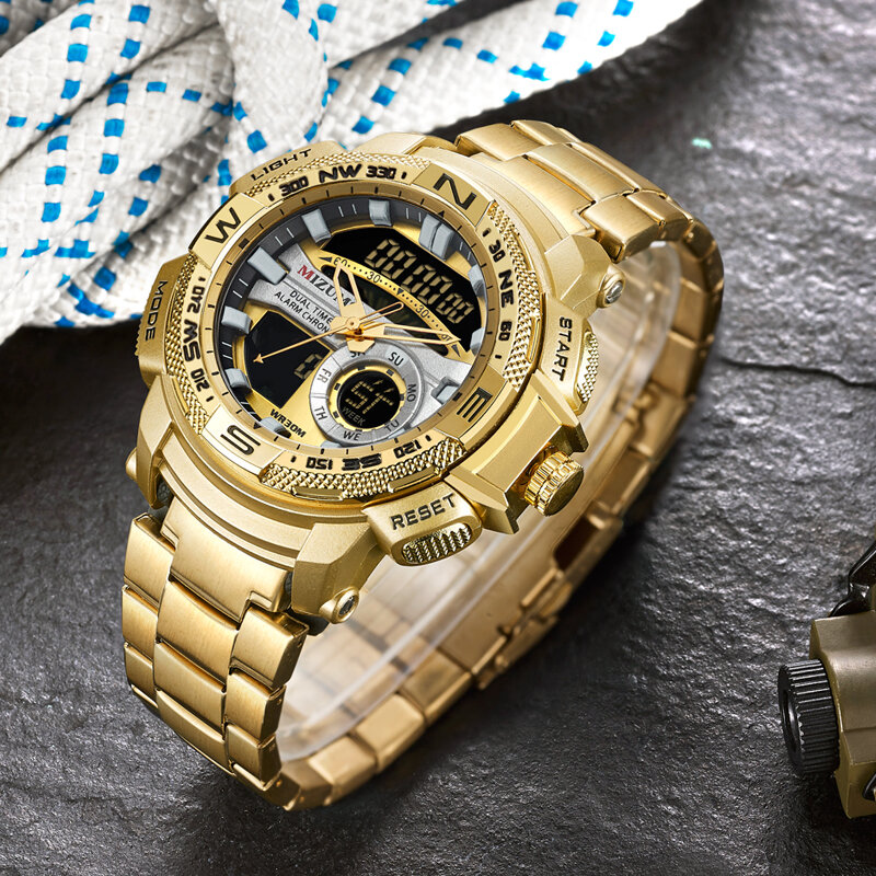 MIZUMS-Montres-bracelets militaires pour hommes, montre de sport numérique LED, acier inoxydable doré, affichage des touristes, horloge à quartz