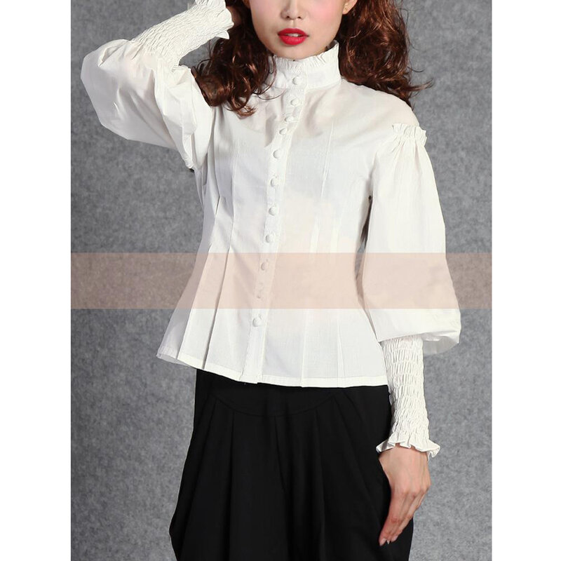 Blusa informal de algodón con manga de cordero para primavera y verano, blusa gótica Vintage ajustada para mujer, color blanco y azul