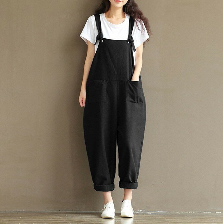 Summer Jumpsuits new artistic large size cotton suspenders wide-leg pants ladies casual slacks