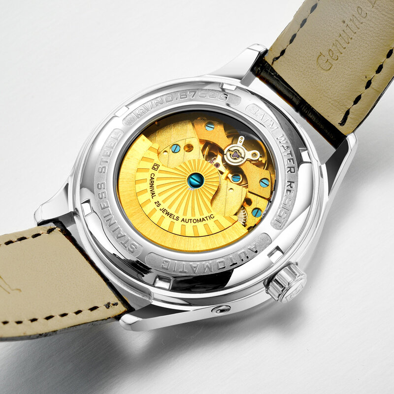 Original CARNIVAL แฟชั่นผู้ชายนาฬิกายี่ห้อมัลติฟังก์ชั่อัตโนมัตินาฬิกาผู้ชายปฏิทินกันน้ำนาฬิกา