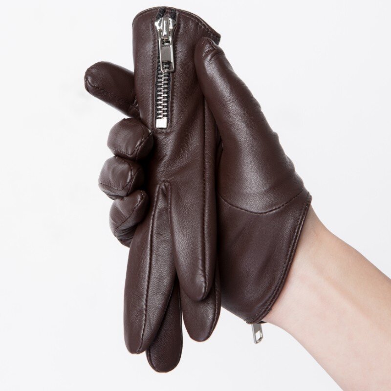 Men's Genuine Leather Gloves fashion classic short side zipper style Real Sheepskin Black Touch Screen   Winter Warm