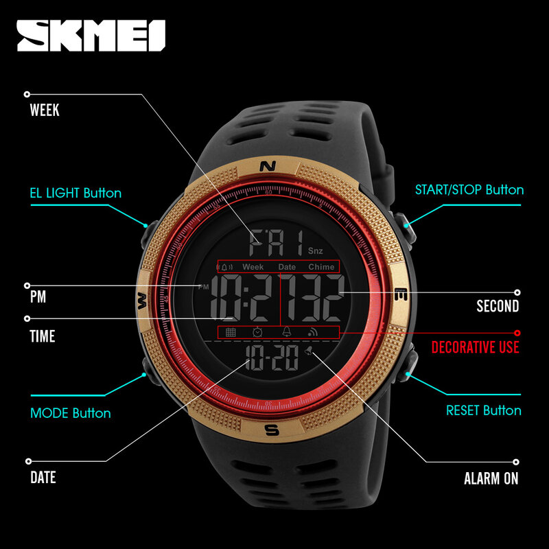 SKMEI mode Sport montre hommes extérieur 5Bar étanche numérique montre hommes Chrono réveil montres hommes reloj hombre 1251