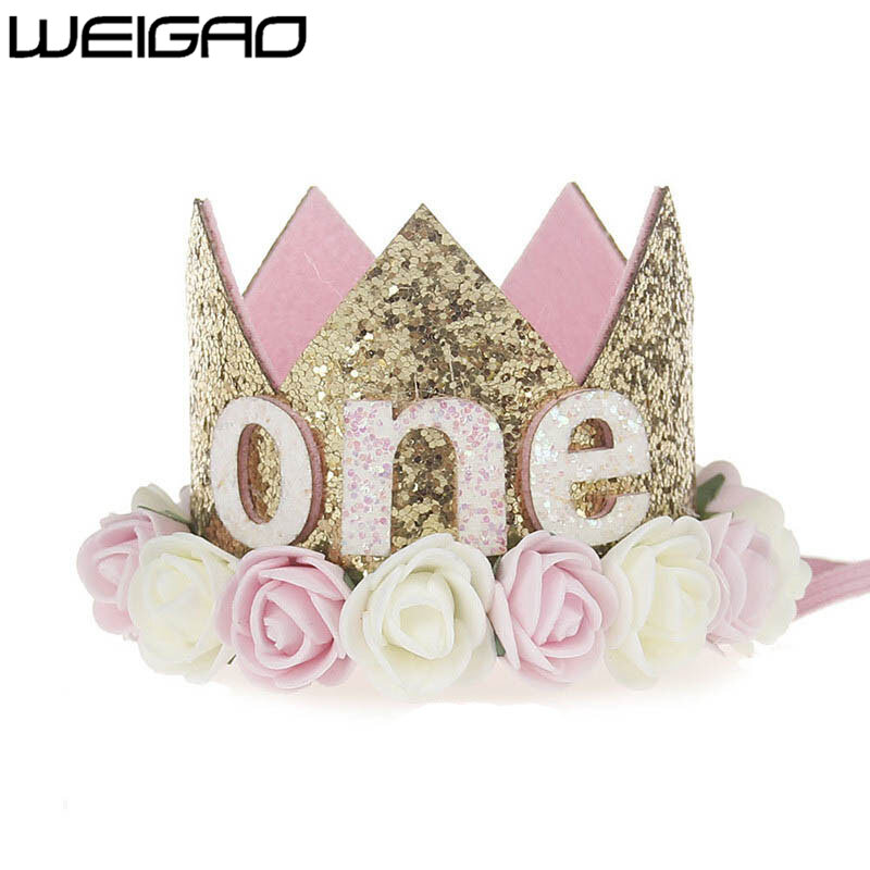 WEIGAO 1pcs 1 2 3 Birthday Caps Flower Crown 1st Birthday Hat Newborn Baby Birthday Headband 1 Year Birthday Party Decorations