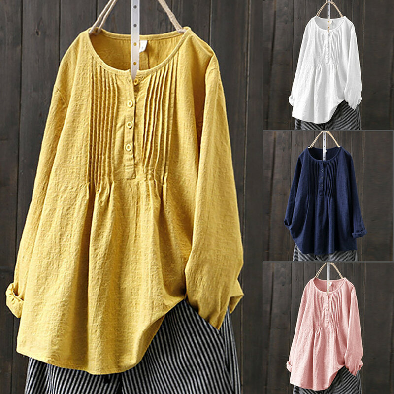 Blusa holgada de lino para mujer, camisa de manga larga con botones, color sólido, ropa de primavera