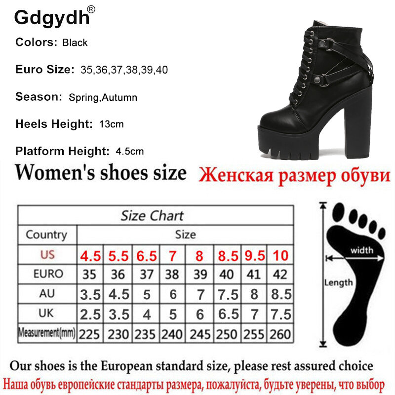 Gdgydh Fashion Black Boots Women Heel Spring Autumn Lace-up Soft Leather Platform Shoes Woman Party Ankle Boots High Heels Punk