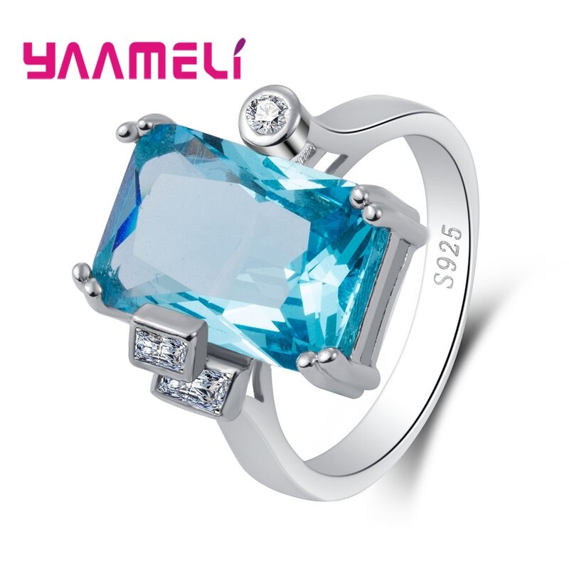 Lake Blue Rectangle Design Cubic Zirconia Best 925 Sterling Silver Women Men Finger Rings Crystal Jewelry Accessories