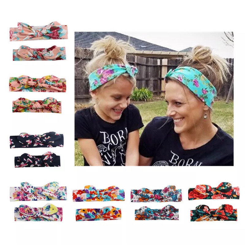 MIXIU 2pcs Mom Mother & Baby Headbands Kids Girl Boys Bow Hairband Print Floral Elastic Hair Bands Parent-Child Hair Accessories