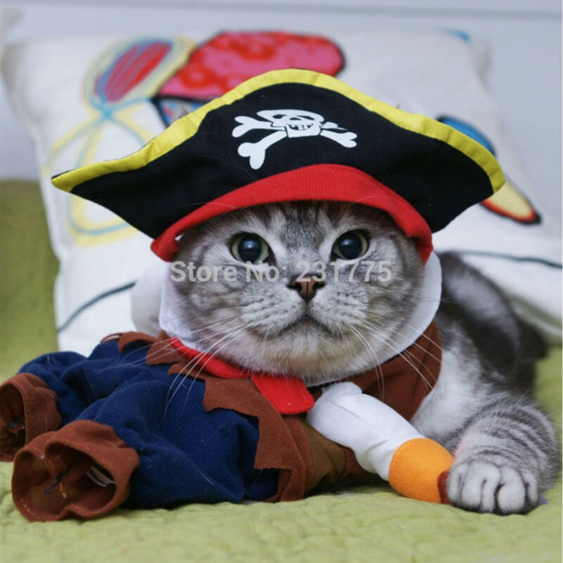 Roupa engraçada do gato Roupa do terno do pirata para o gato Roupa do traje do cão Corsair Roupa do Dia das Bruxas Vestir acima do terno do traje do partido do gato