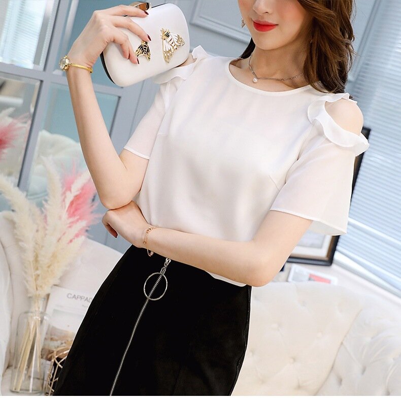 European American Chiffon Shirt Women Large Size Summer Pure Color Blouses Clothing Ruffled Short Sleeve Office Lady Tops H9054