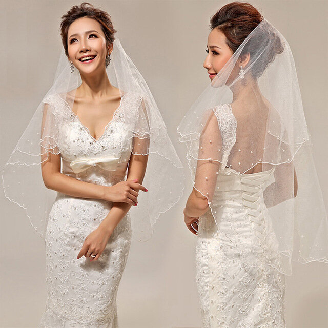 طرحة زفاف عاجية بحافة دانتيل طبقة واحدة ، حجاب زفاف طويل ، إكسسوارات رخيصة