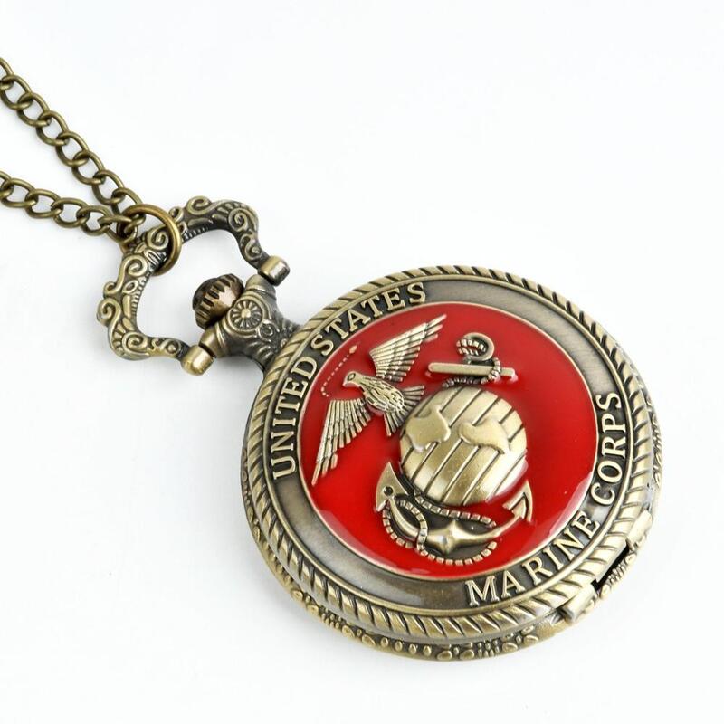 Fashion Personality Large Antique Bronze Red Face  Bird Shield Retro Quartz Pocket Watch With Iron Chain
