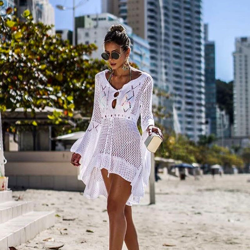 2019 Crochet blanc tricoté Plage couverture Robe tunique longue Pareos Bikinis couverture ups nager couverture Robe Plage vêtements de Plage