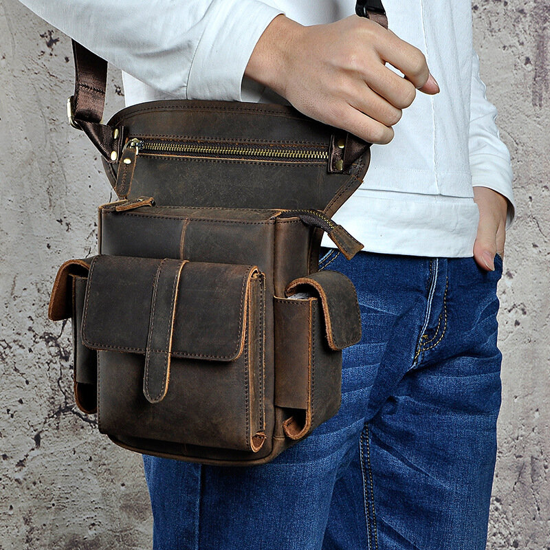 Sac à bandoulière en cuir naturel pour hommes, sacoche multifonction, café, ceinture robuste, sac de jambe pour tablette, 913 – 5