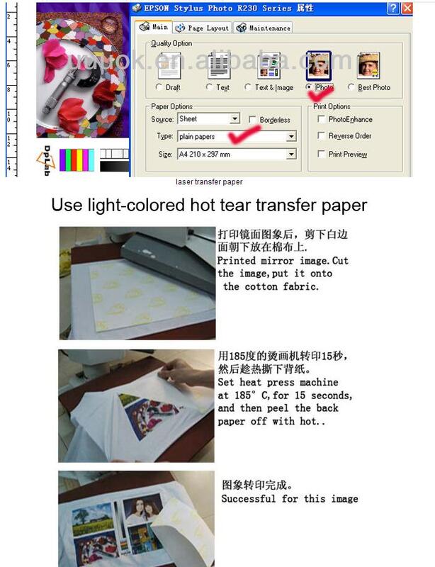 Carta fotografica di trasferimento della maglietta della carta del trasferimento di calore del getto di inchiostro A4 per abbigliamento di colore scuro o chiaro 10 fogli/pacco trasporto libero