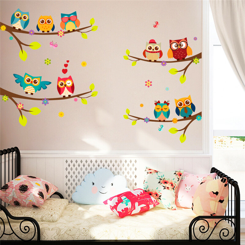 만화 올빼미 가지 벽 데칼, 어린이 방 거실 침실 홈 장식, DIY 동물 벽 스티커, PVC 포스터 벽화 아트