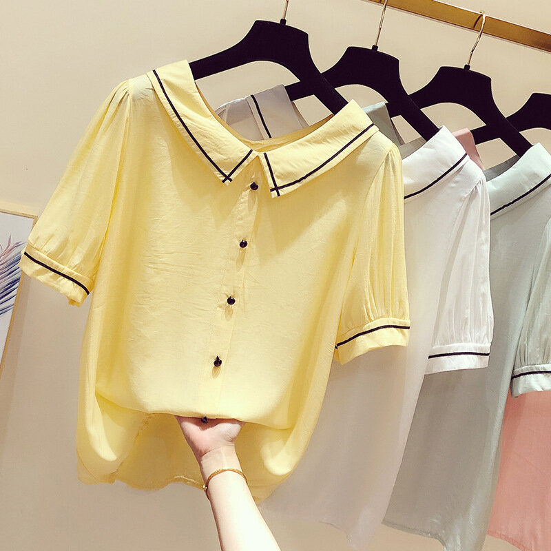 Camisa de gasa coreana para mujer, Blusa de manga corta con cuello vuelto, Top de estilo Preppy, H9094