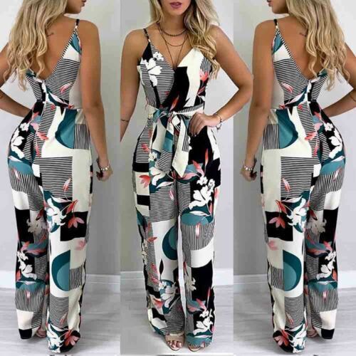2019 Women Boho Floral Printed Spaghetti Strap V-neck Clubwear Playsuit Bodycon Party Trousers Jumpsuit New