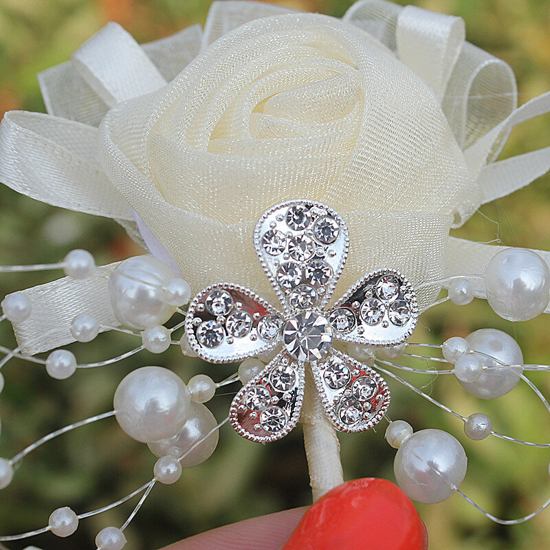 在庫ホット販売1ピース/ロットアイボリー結婚式のコサージュブートニア新郎ダイヤモンドクリスタルウェディングの花真珠ビーズブローチ花