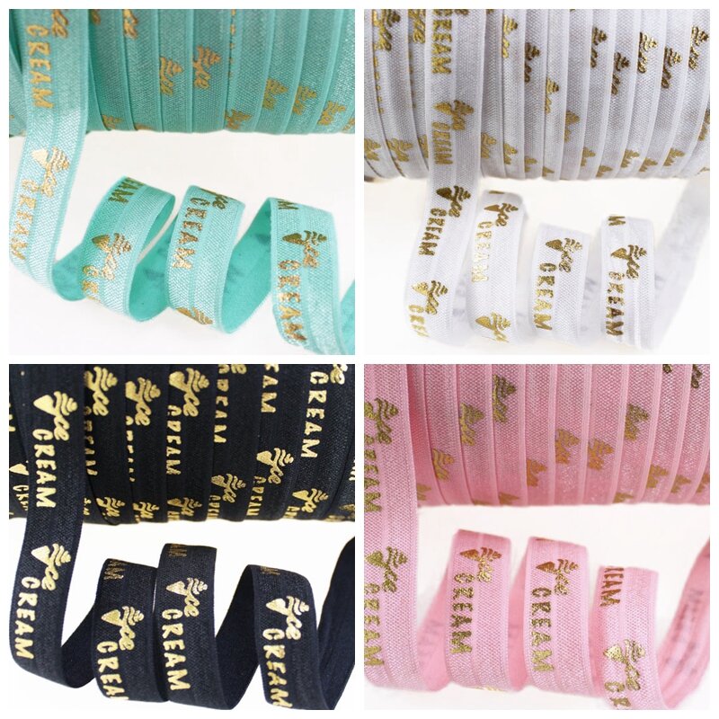 5/8" Gold foil ice cream FOE fold over elastic for DIY accessories summer series welcome custom printed