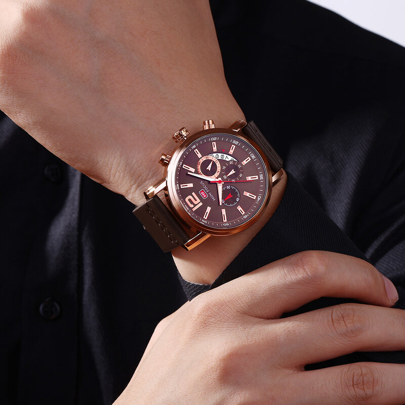 Minifocus relógio masculino de couro, relógio impermeável esportivo de marca luxuosa de pulso quartzo para negócios