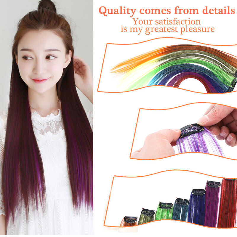MEIFAN Ombre Long Straight Synthetic Colored Hair strands on Barrette for Girls Clip in One Piece Hair Extensions