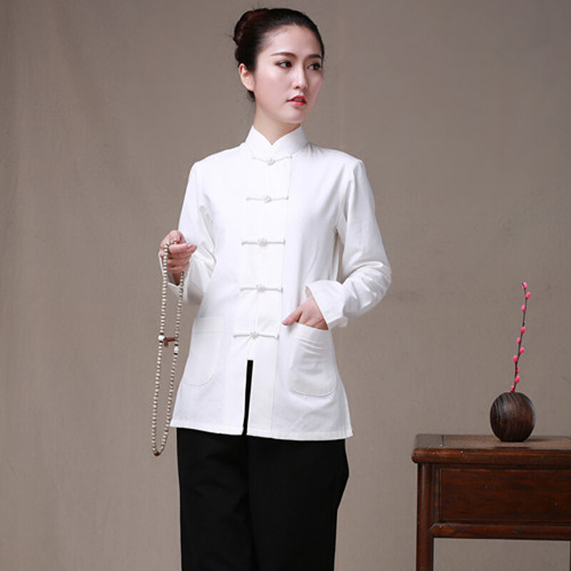 100% bawełna chińskie tradycyjne stałe strój Tang ubrania kobiety Kung Fu jednolite koszule z krótkim rękawem bluzki Camisa blusa topy