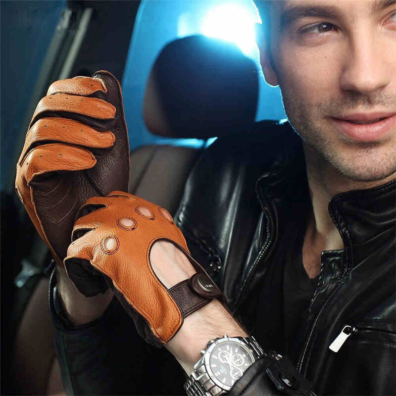 Guantes de piel de ciervo a la moda para hombre, guante de cuero auténtico lujoso para conducir, muñeca sólida, transpirable, para motocicleta, EM002W