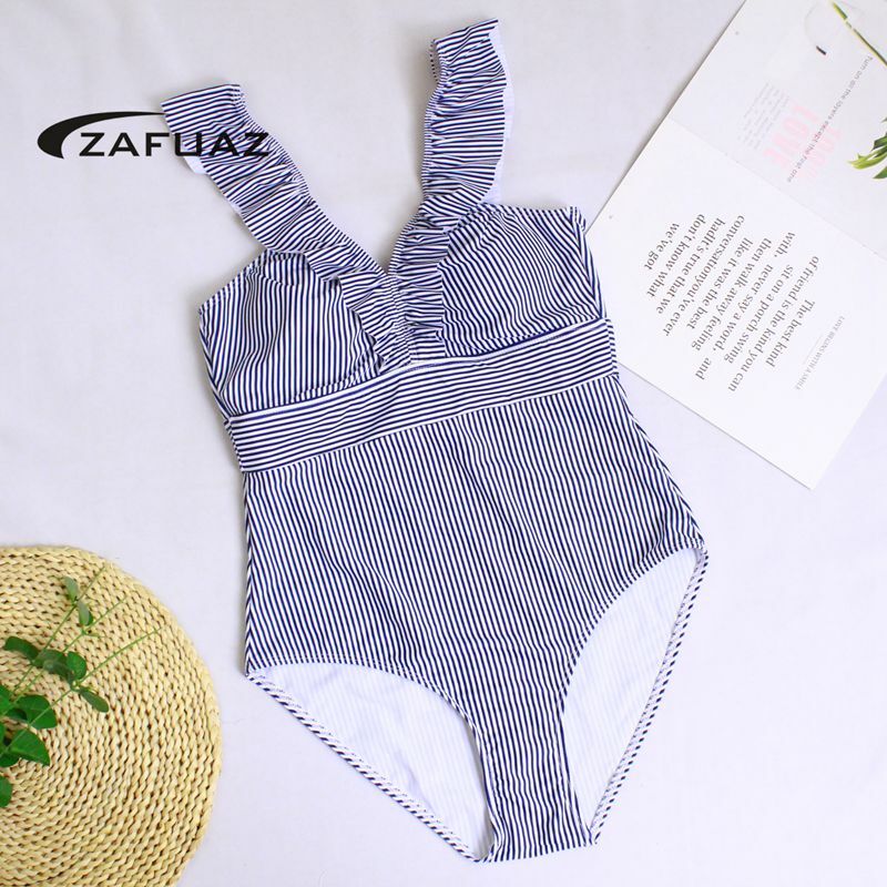 Strój kąpielowy Fused ZAFUAZ 2020 kobiet Retro V Neck niebieski pasiasty strój kąpielowy jednoczęściowy potargane wyściełane wysokiej talii stroje kąpielowe kobiet Monokini