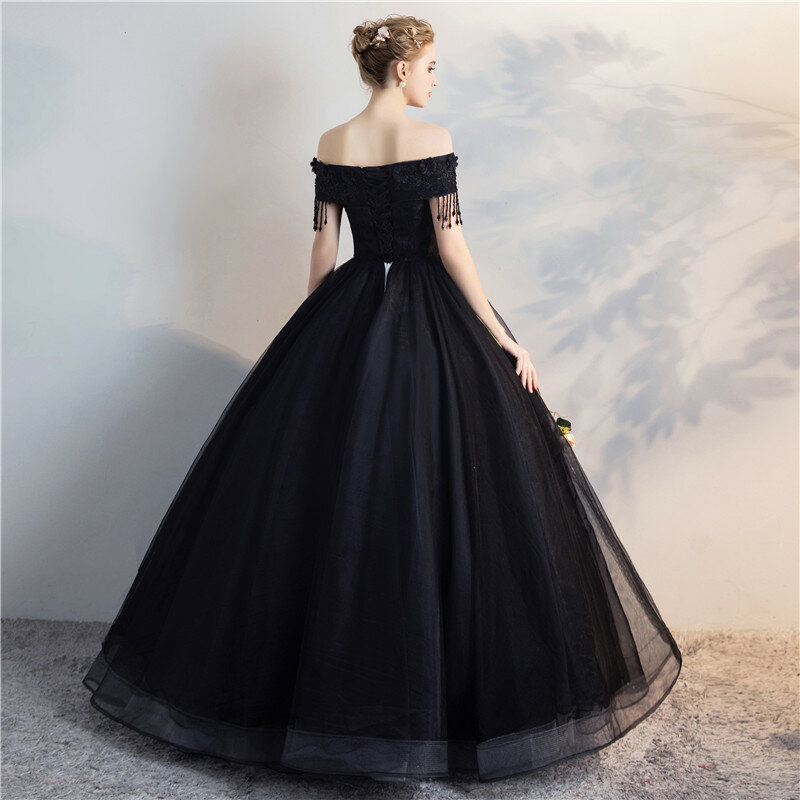 Gaun pesta hitam dari bahu 2023 baru gaun Quinceanera elegan leher perahu bordir renda manik-manik ukuran Plus gaun Prom L