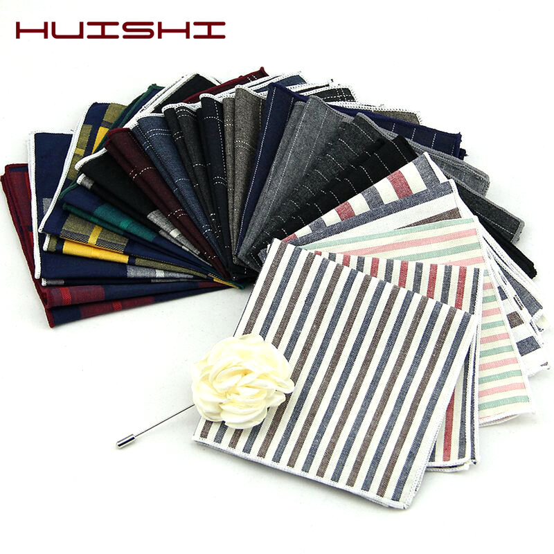 HUISHI High Quality Striped Check Cotton Pocket Square For Men Suits Cotton Hankerchief Business Hanky Solid Handkerchiefs
