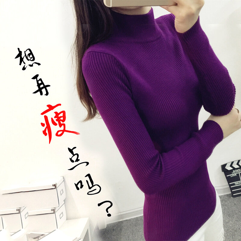 2021 새로운 한국어 짧은 세미 터틀넥 셔츠 여성 긴 소매 풀오버 스웨터 슬림 슬림 짙어지면서