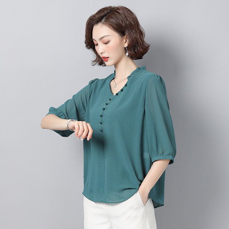Летняя шифоновая рубашка с коротким рукавом для женщин среднего возраста, свободные блузки большого размера, однотонные рубашки с v-образным вырезом для мам, H9087